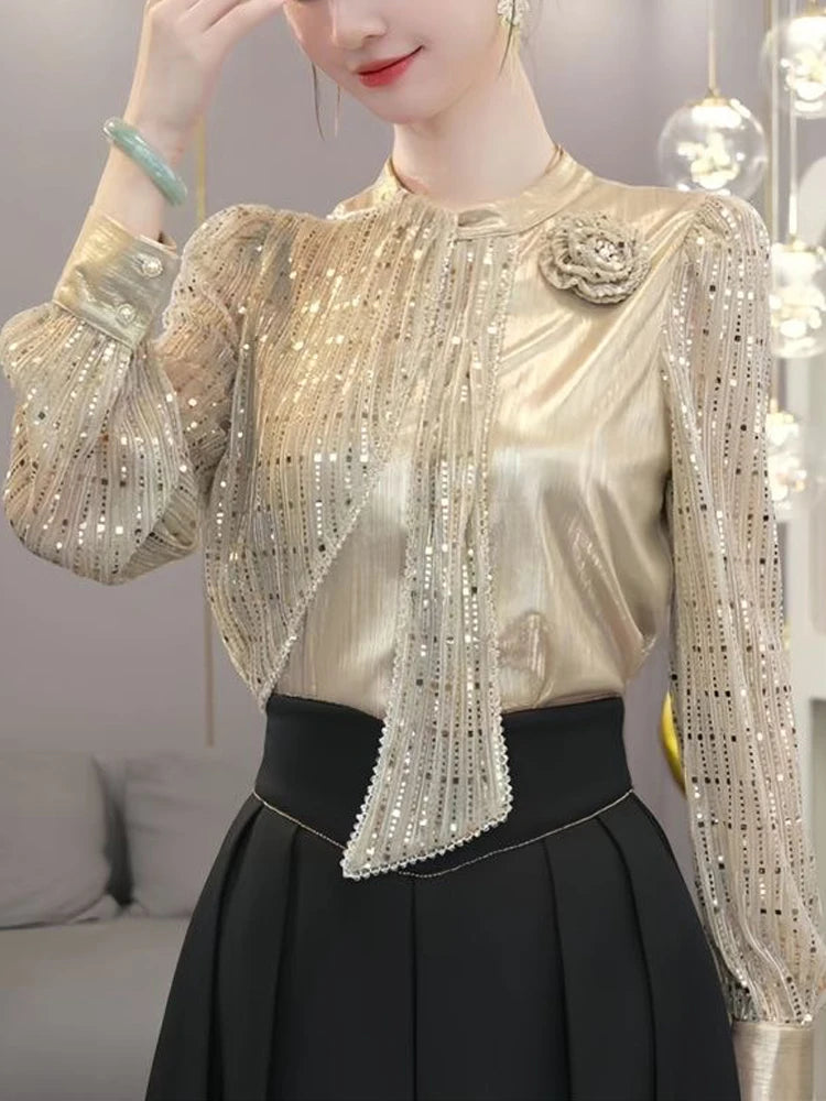 Long Sleeve Blouse 2025 New Summer Woman Clothing Sequins Blusas Para Mujer Top Casual Slim Blouses For Women
