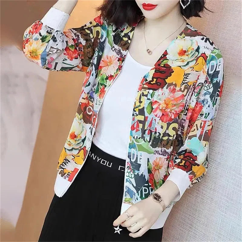 Fashion Print Jacket Female Spring Top 2024Summer UV Protection Joker Short Chiffon Sunscreen Clothing Female Top Thin Shirt Top