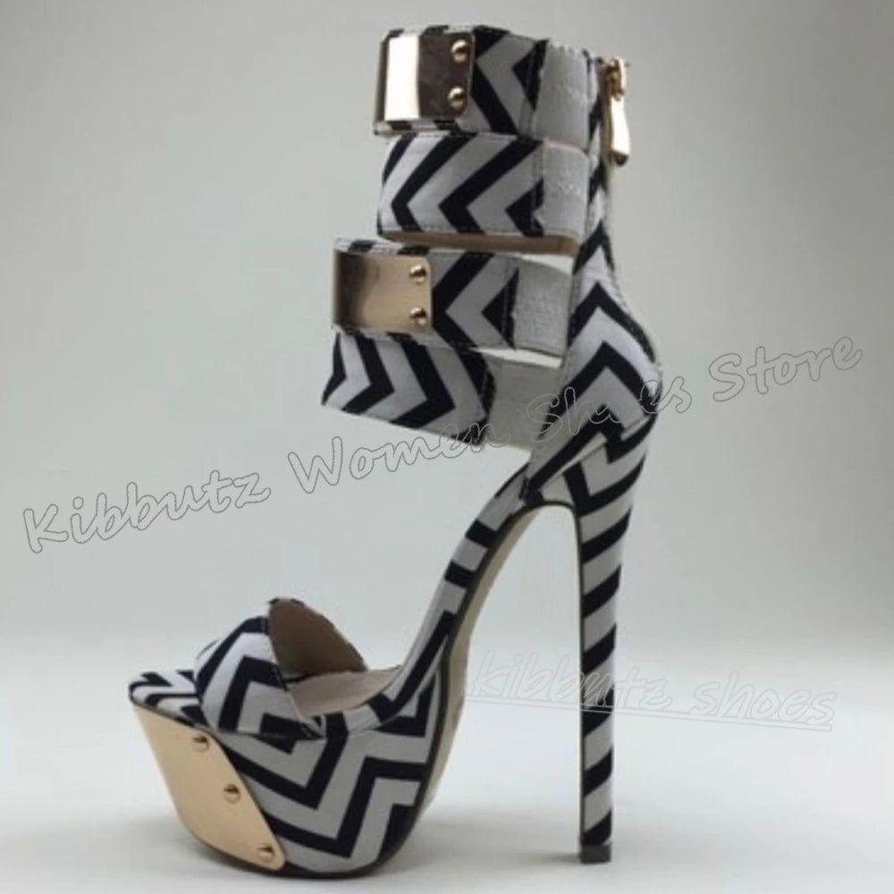 Striped Sandals Metal Decor Platform Round Toe Thin High Heels Fashion Luxury Elegant Concise Sexy Party Wedding Women Shoes New