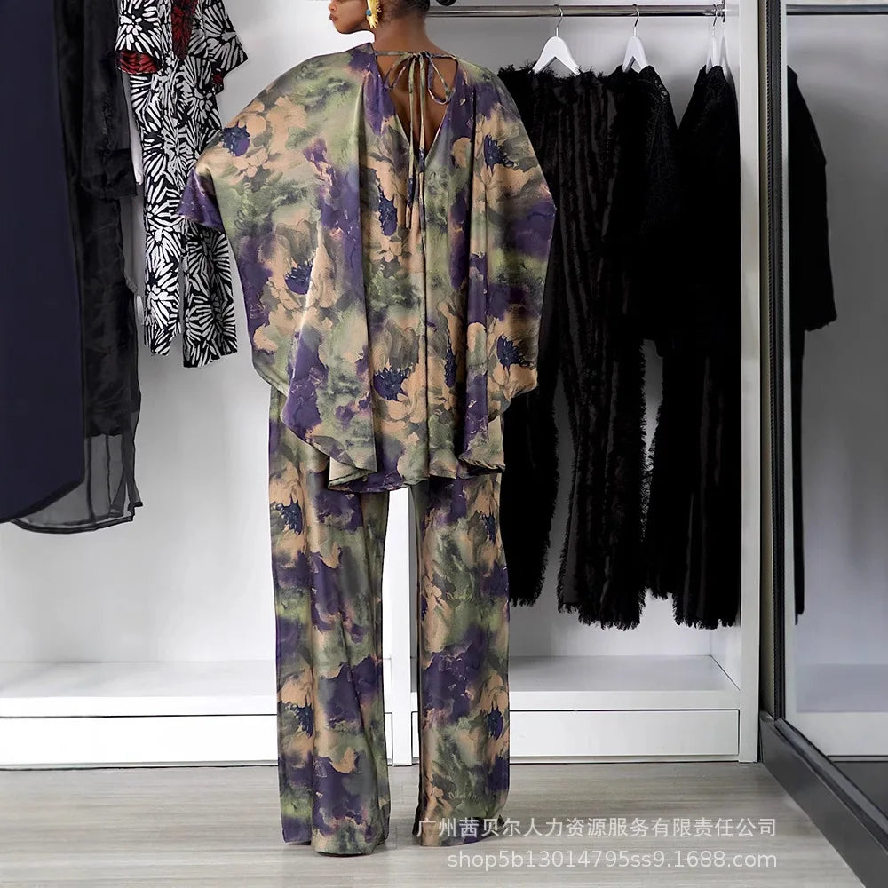 Pant Set Women Two Piece Sets Matching Sets Bat Sleeve Print Floral Tops Wide Leg Long Pants High Waist Casual Y2k Streetwear