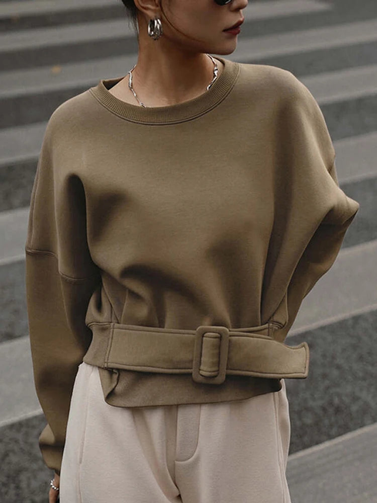 Beautyblue Fall Women's Sweatshirts Tops Female Hoodies 2025 Casual Belt Buckle Solid Color O-Neck Ladies Pullovers Clothing