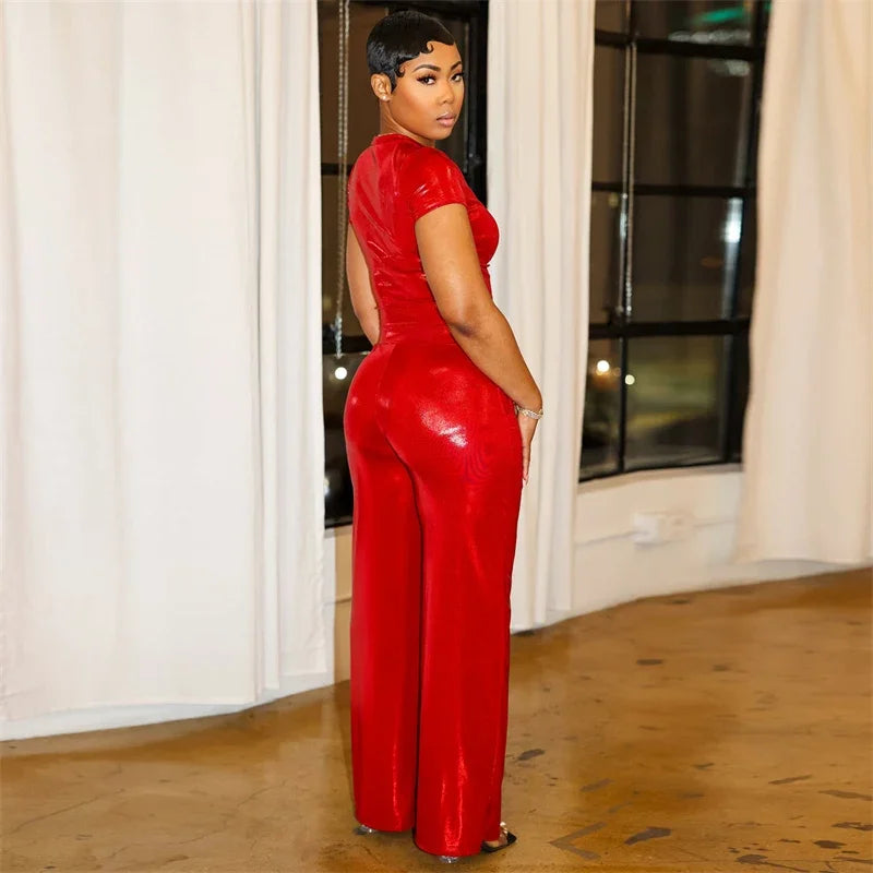 Trendy Metallic New in Matching Sets Woman 2 Piece Set Outfit Rave Club Party Short Sleeve T-shirt Top and Wide Leg Pants Set