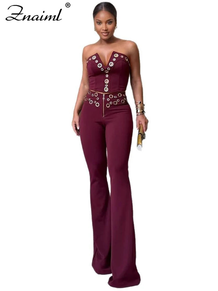 Znaiml Off Shoulder V Neck Strapless Crop Tops and Wide Leg Pants Women 2 Pieces Matching Sets Elegant Birthday Party Outfits