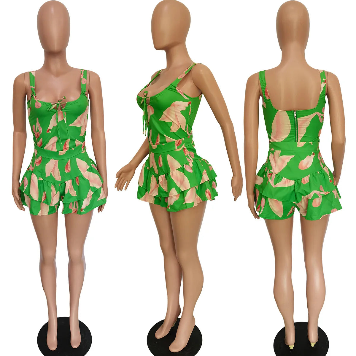 CM.YAYA Elegant Beach Printed Women's Set 2022 Summer Sleeveless Ruffles Hem Tank Crop Tops Shorts Matching Two 2 Piece Set