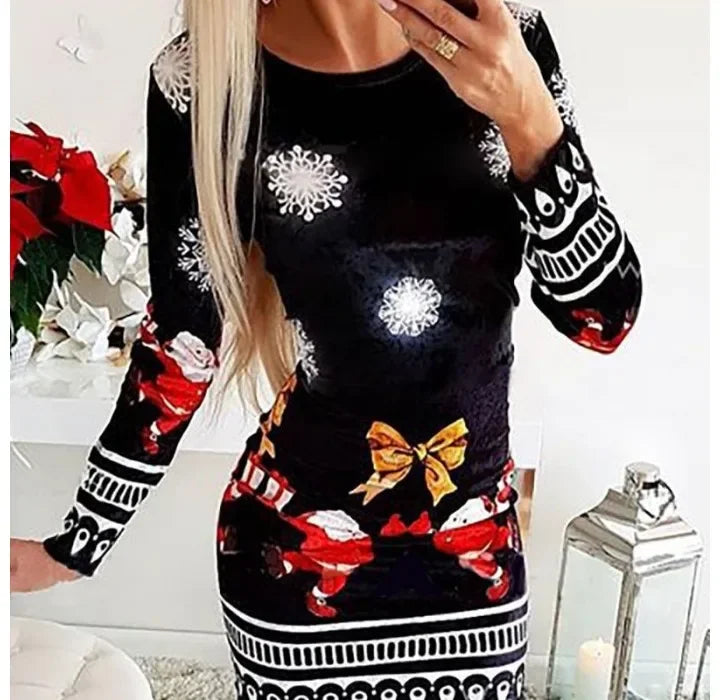 Christmas Dresses Women and Fall New Long Sleeved Printed Short Dress Fashionable Versatile Base Skirt for Female 2024 Summer