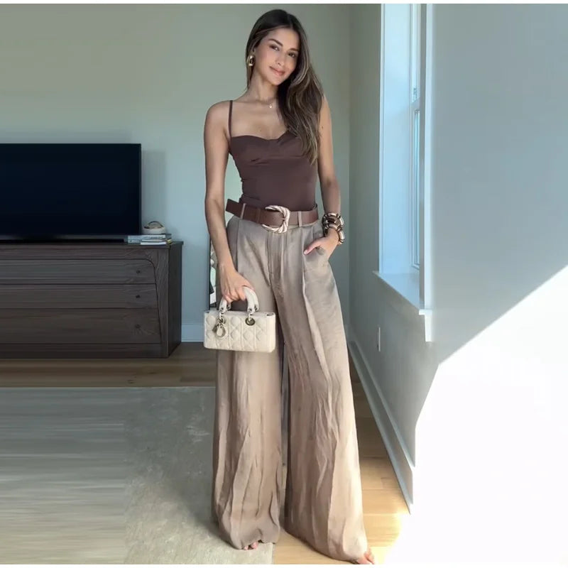 Fashion Women's Straight Pants Solid High Waist Pockets Wide Leg Long Trousers Female Lady Jumpsuit Pant High Street Wears 2025