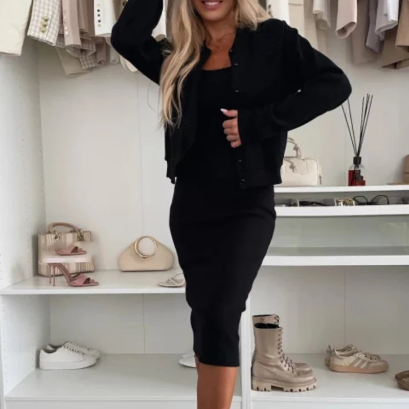 Casual Commuting Suspenders Dress Outfit Elegant Solid Color Party Two Piece Set Spring Autumn Long Sleeved Cardigan Women Suit
