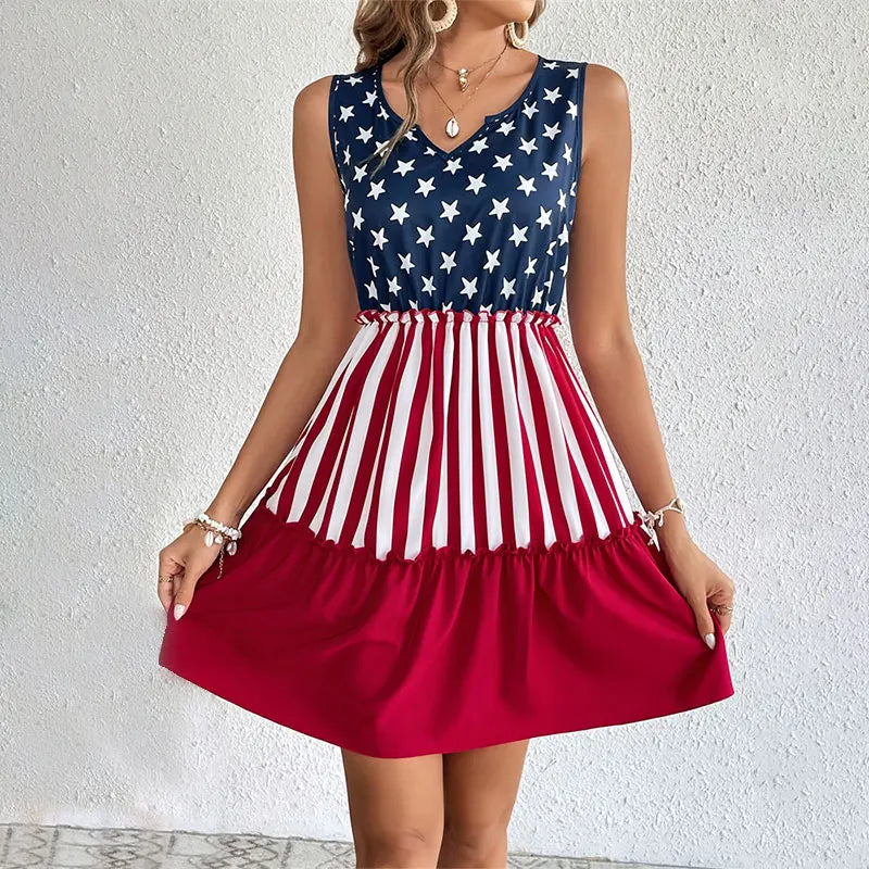 Midi Dress High Waist Ruffle Casual Sleeveless Women American Flag Star Mini Summer Girl Beach Female Vest Dress Gyaru Clothes