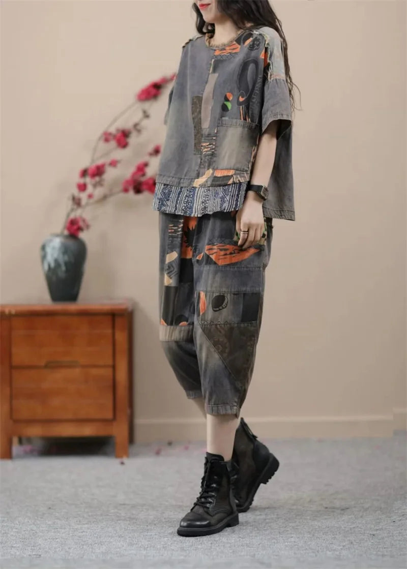 2024 Female Korean Ethnic Style Denim Harlan Pants Sets two-piece Women's Summer New Small Casual High-end Clothing Printing Set
