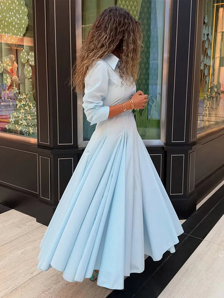 Solid Women's Casual Pleated Long Dress Fashion Lapel Full Sleeve Button Maxi Dress Lady 2025 Early Autumn Chic Street Robes