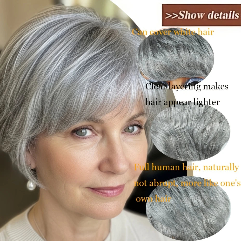 Silver Gray Textured Pixie Human Hair Wig for Women