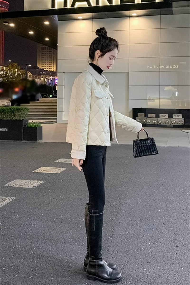Lightweight Down Cotton Jacket Women's Short Jacket 2023 Winter New White French Style Fashion Women Jackets Patchwork Tweed Coa