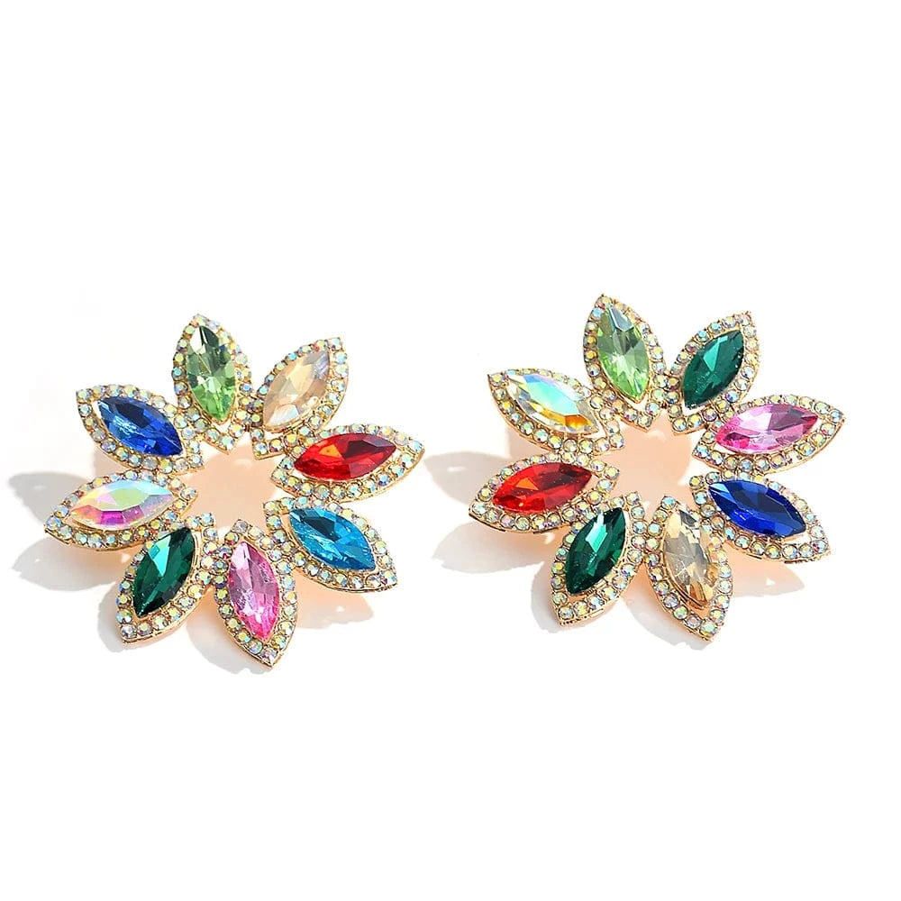New Style Classical Flower Colorful Glass Stone Drop Earrings For Women Girls Crystal Accessories Statement Jewelry Wholesale