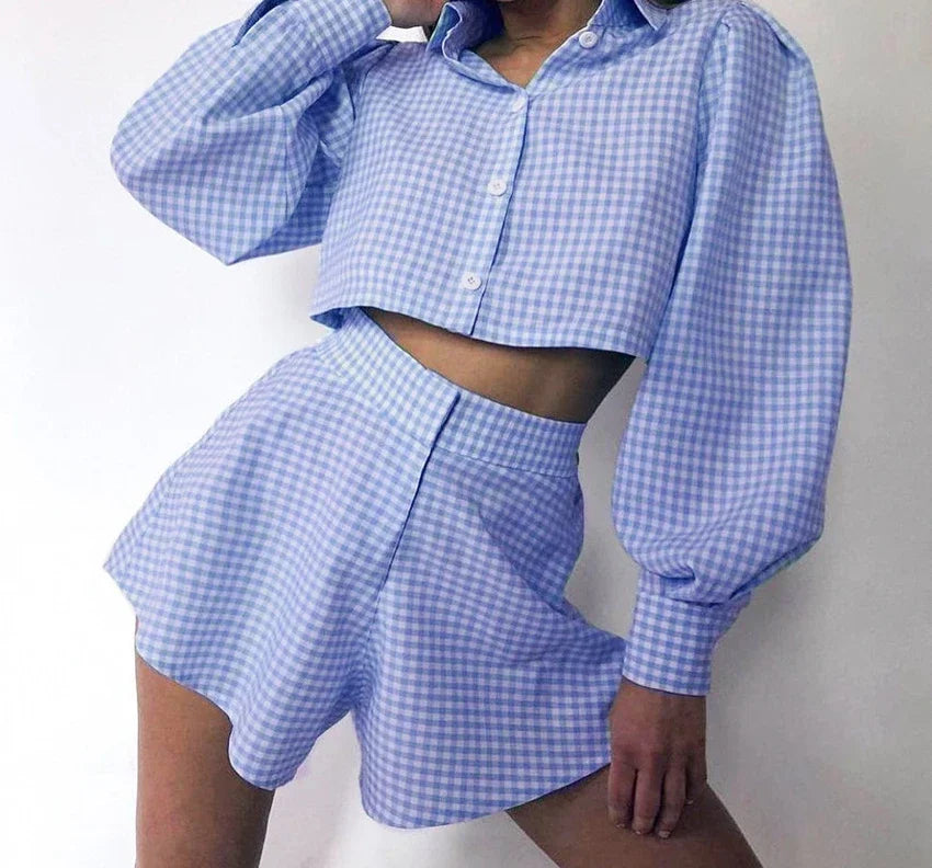 Wide Leg Pants Two Piece Set Woman Plaid Long Sleeved Shirt and High Waist 2025 Summer Fashion Casual Suit Spring and Summer New