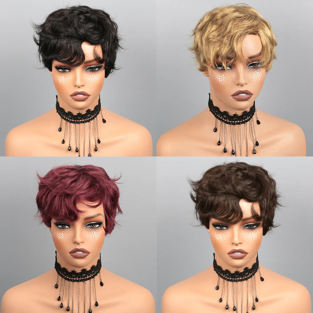 Pixie Cut Wig Human Hair Wig for Black Women Short Bob Wig Short Layered Pixie Cut Wigs Glueless Wig with Bangs