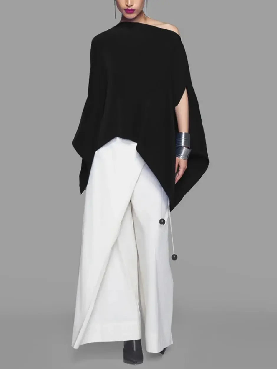 Beautyblue Black Women's T-Shirts Asymmetric Batwing Sleeves Tops New Casual One-Shoulder Loose Comfortable Female Blouses