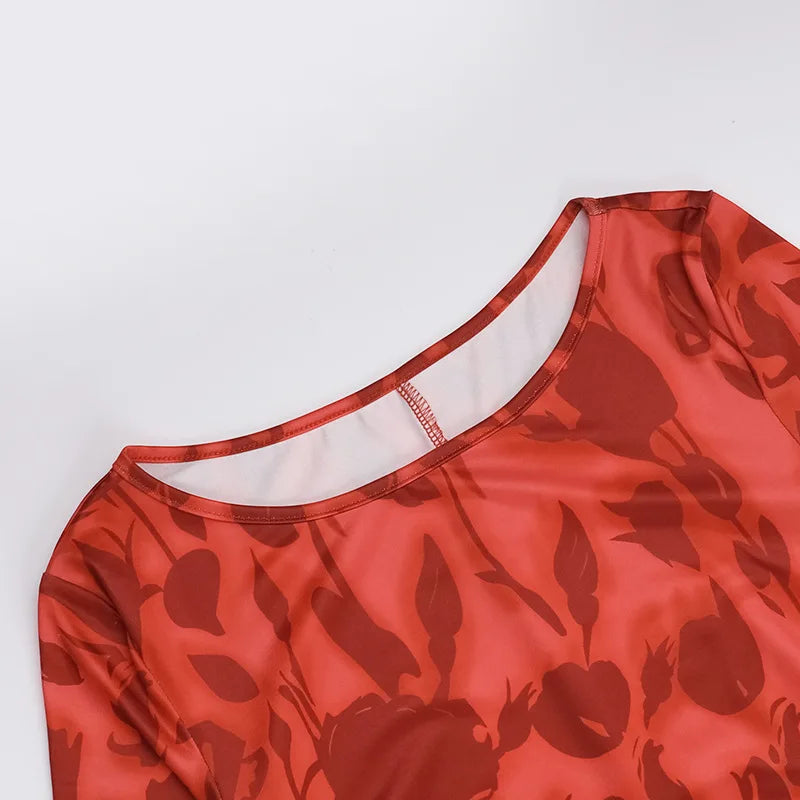 Temperament printed crewneck basic dress female fall style fashion elegant slim dress