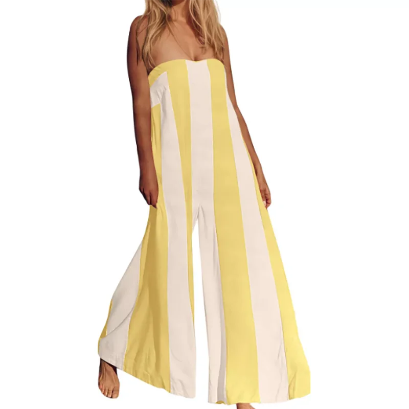 Summer Beach Hollowed Out Backless Long Pants Playsuit Bohemian Commuting Rompers Casual Striped Printed Off Shoulder Jumpsuit