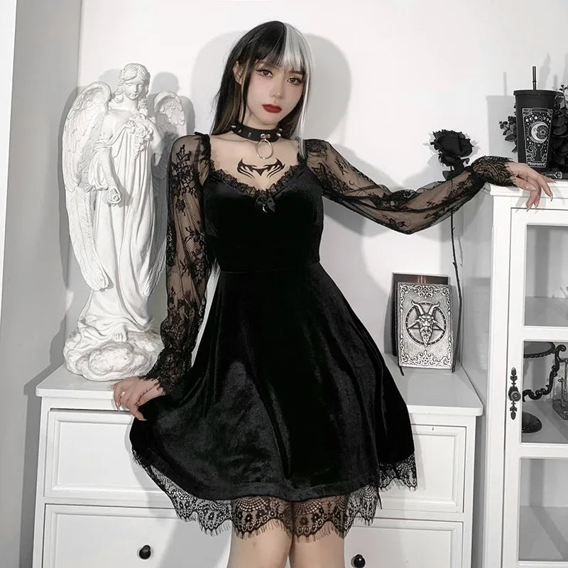 Y2K Hollow Cuffs Strapless Sexy Gothic Lace Dress Dark Style Pleated Knee-length Skirt Women‘s Slim Fit Fashion Women's Clothing