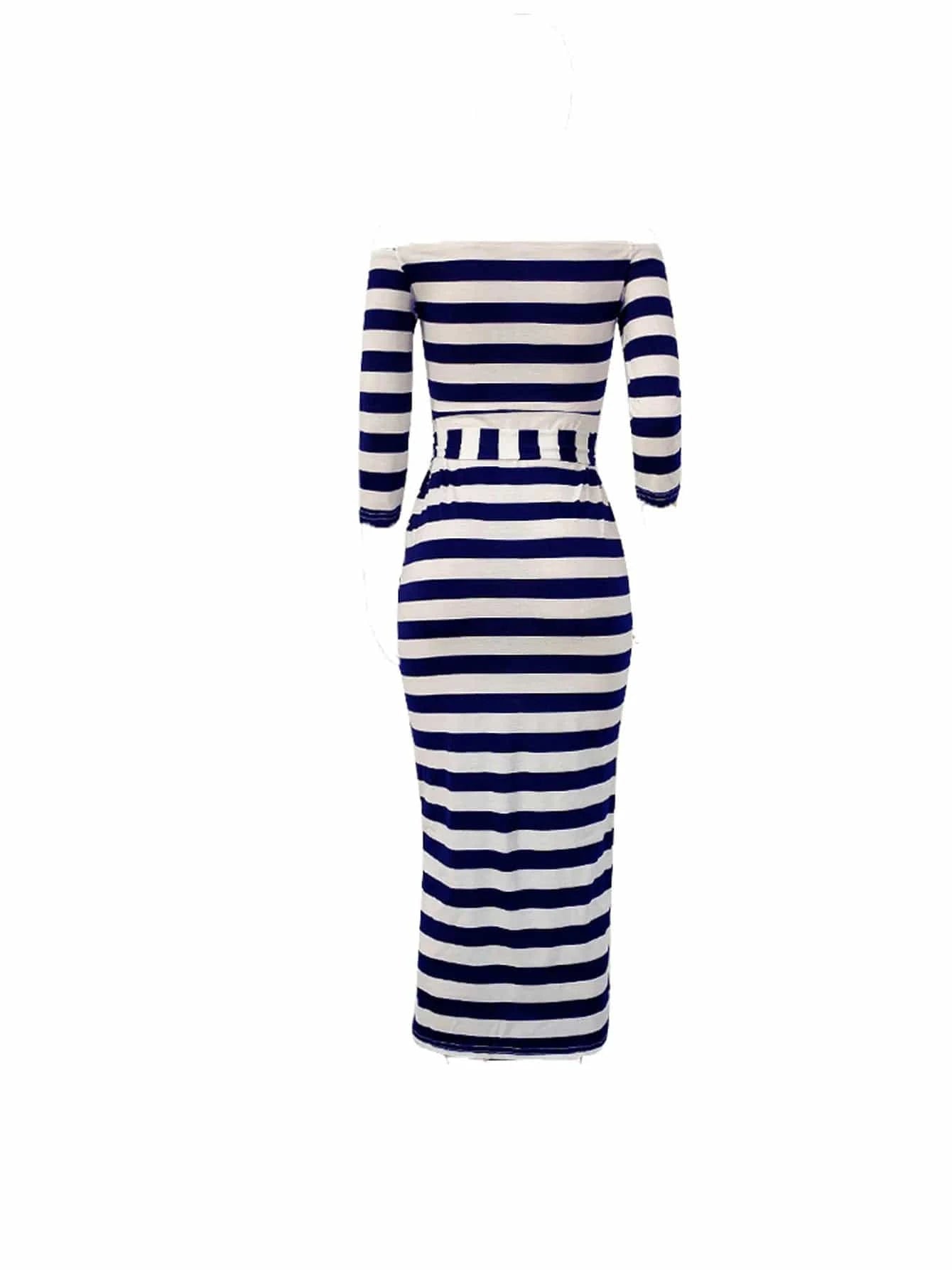 New 2024 Casual Women Dress Summer Striped Bodycon Midi Dresses Slash Neck Lace Up Three Quarter Pencil Dresses