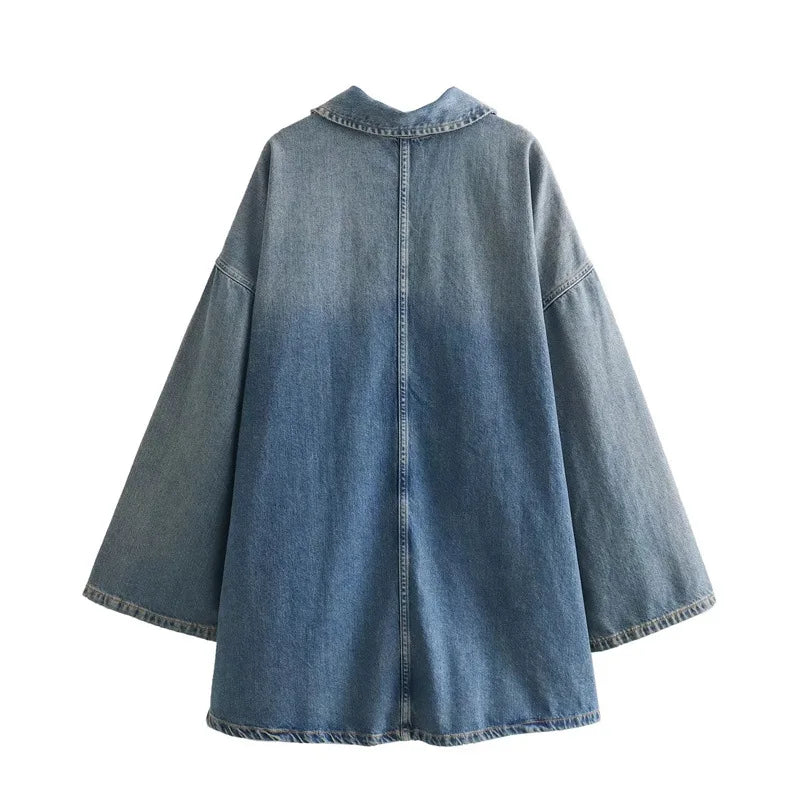Joskaa Fashion Blue Denim Dress Women Hipster Lapel Zipper Pocket Full Sleeve Loose Mini Dresses 2025 Spring Vintage Streetwear