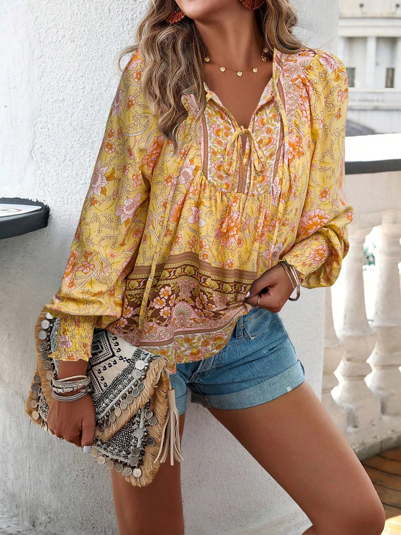 2025 Spring Summer Printed Shirt Women Elegant Chiffon V-neck Long-sleeve Top
