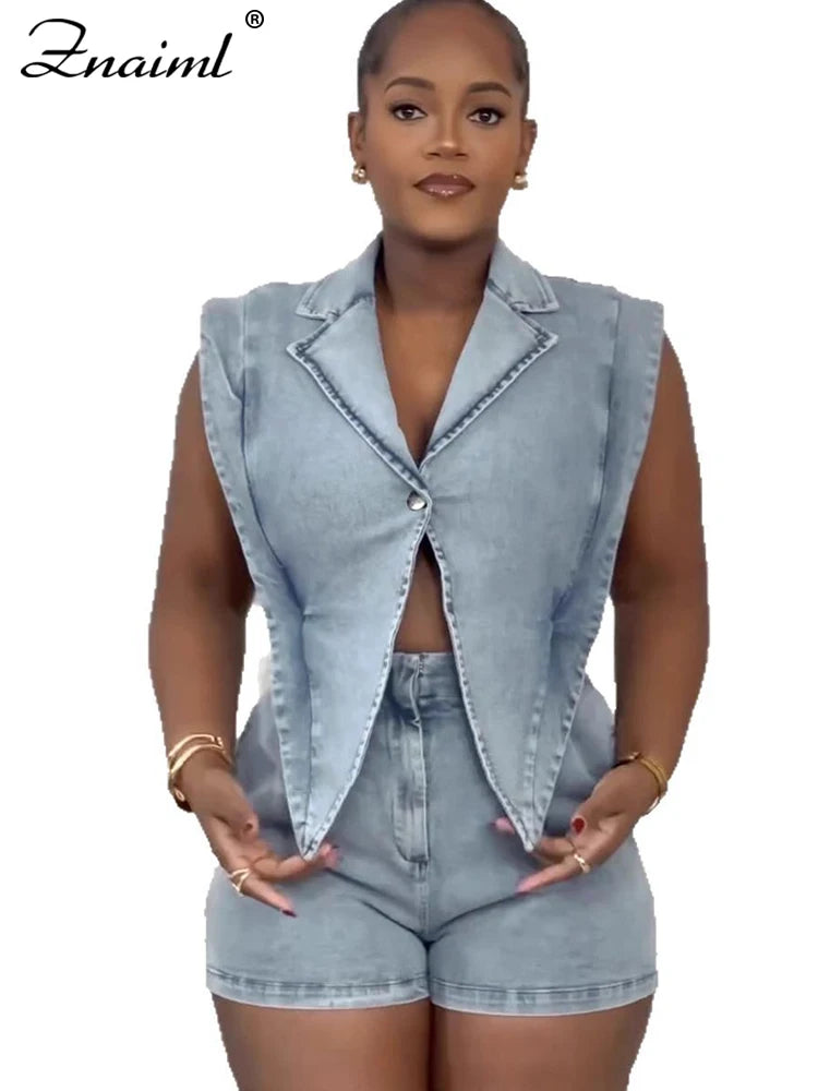 Znaiml Women Lapel Sleeveless Playsuits Fashion Denim Blue Shorts Jumpsuits Hollow Out Button Overalls Jeans One Pieces Rompers