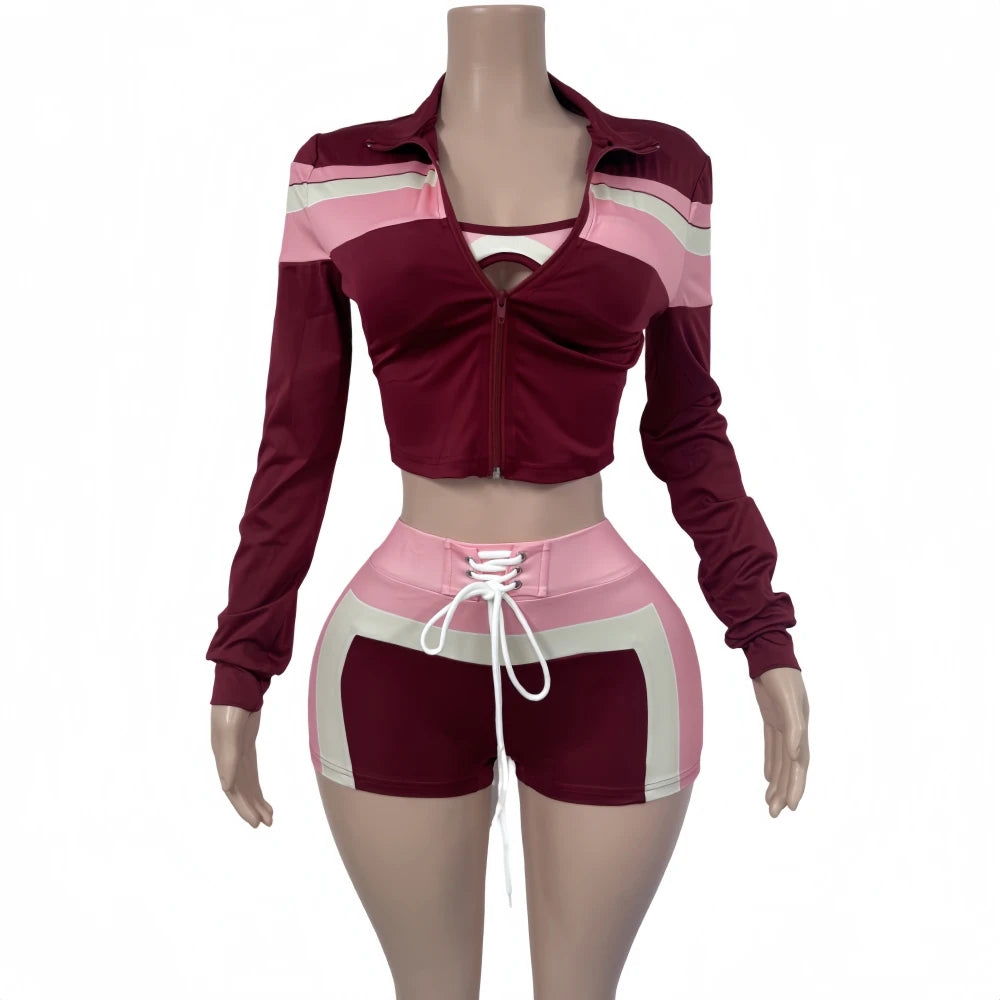 FAGADOER Sexy Sport 3 Pieces Set for Woman Color Block Long Sleeves Jacket + Tanks Top and Shorts Matching Female Beach Swimsuit