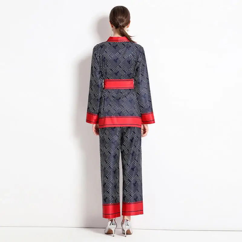 Women Contrast Dot Print V-Neck Loose Lace Up Top+Elastic Waist Wide Leg Pant Suit Autumn Fashion Kimono Cardigan Two Piece Set