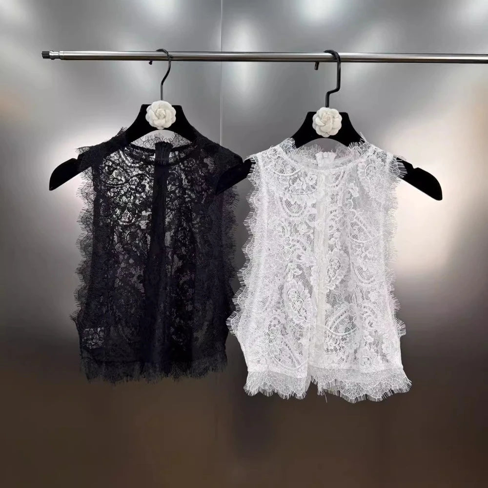 VGH Basics Vintage Spliced Zipper Sheer Vest for Women O Neck Sleeveless Slimming Spliced Lace Edge Temperament Tank Tops Female