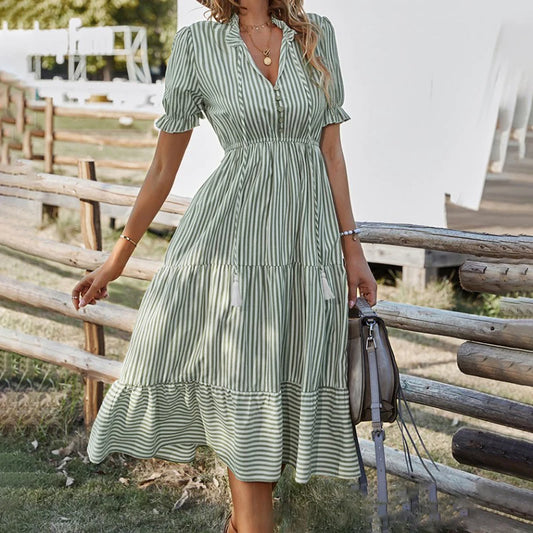 Summer Women's Striped Short Sleeve V-Neck Elastic Waist Dress
