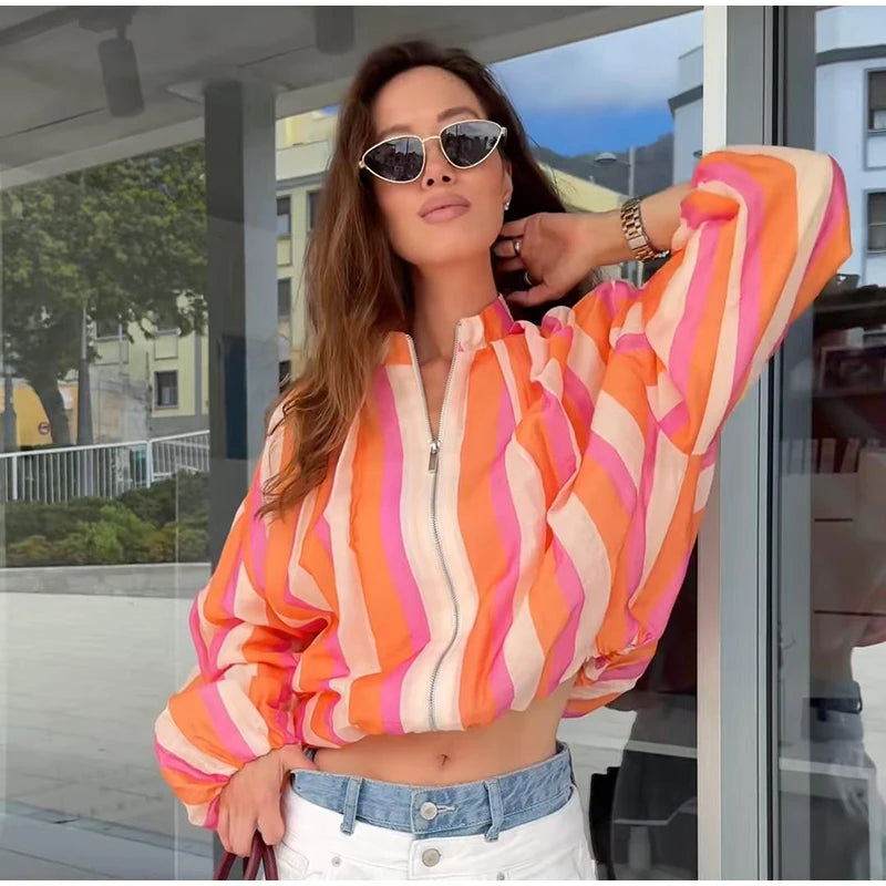 Elegant Striped with Stand Collar Jacket for Women