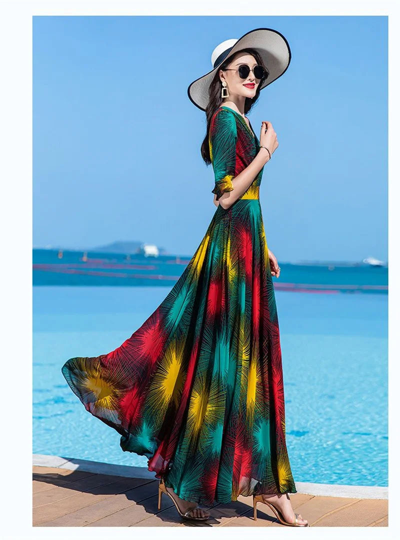 Floral Dress 4XL Women's 2025 Summer Chiffon V-Neck Dress High end Style Celebrity Splice A-line Skirt for Women Elegant Mujer