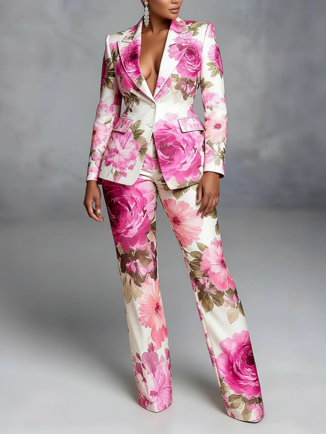 Women's Notched Lapel Long Sleeve Printed Blazer Flare Long Pants Set For Business Event Banquet Formal Fashion Occasions