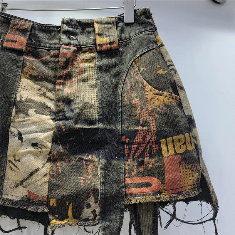 YEAE lady personality trendy cool print old denim skirt foreign style fashion irregular anti-light A word skirt