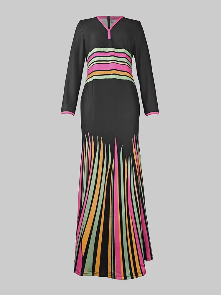 2025 Ladies Bodycon Dress V-neck Long Sleeves Colorful Striped Evening Dresses for Women High Waist Pleated Dress