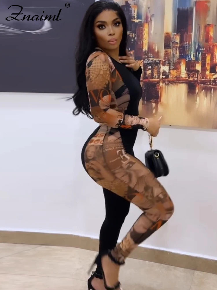 Znaiml Sexy Print Splicing Two Piece Sets Women O Neck Long Sleeve Crop Top and Pants Bodycon Matching Outfits Street Tracksuits