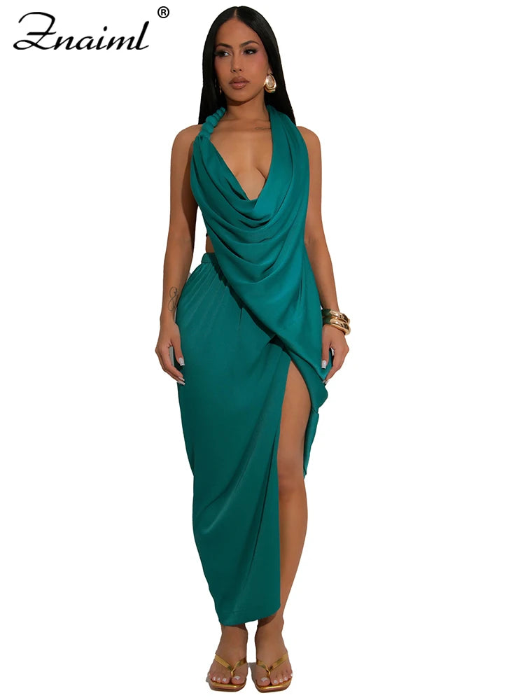 Znaiml Sexy Sleeveless Backless Halter Side Split Deep V-Neck Bodycon Dress Elegant Women Birthday Midnight Party Club Vestidos