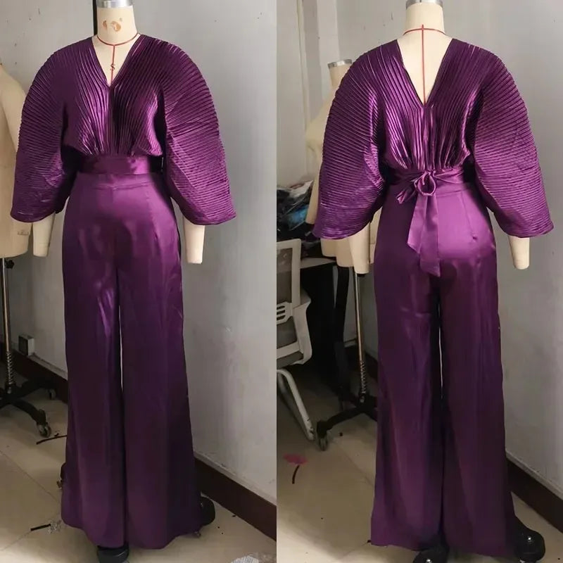 Pleated Blouse V Neck Full Sleeve and Wide Leg Pants Women Loose 2 Pieces Sets Elegant Office Ladies African Outfits 2025
