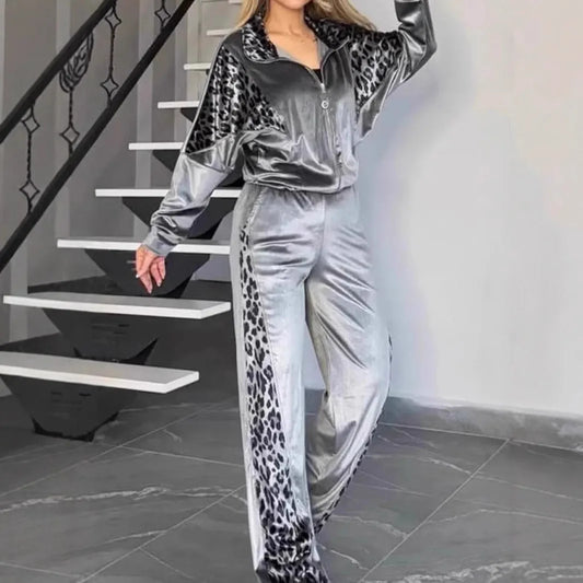 2025 Autumn Fashion Women Two Pieces Set Leopard Print Long-sleeved Lapel Zipper Straight Pants Ladies Suit Casual Outfit Female