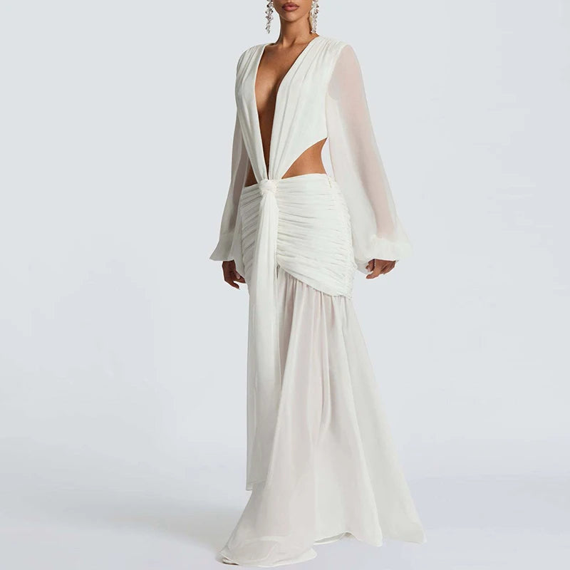 2025 New Autumn Long Sleeved Pleated Evening Dress Elegant Hollow High Waist Robe Dress Casual Women Chiffon Deep V Party Dress