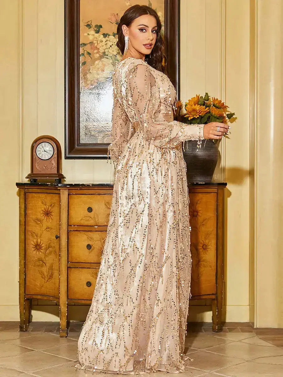 2024 Women's Autumn New Black Silk Mesh Sequins Long Evening Dress Brightly Stated Gown For Special Occasions Formal Affairs