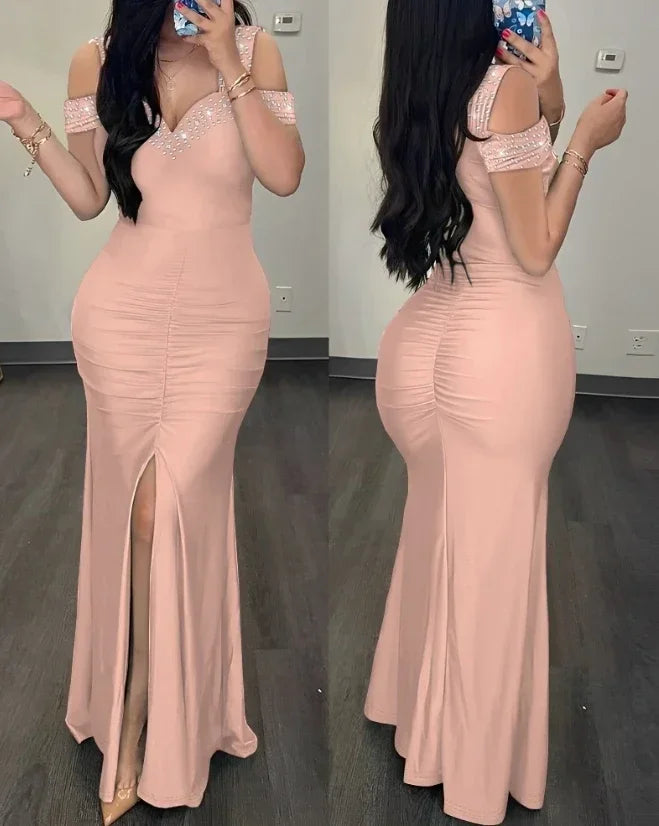 Evening Dresses Women Clothes Fashion Rhinestone Cold Shoulder Slit Ruched Party Elegant Long Bodycon Dress Summer 2024 New