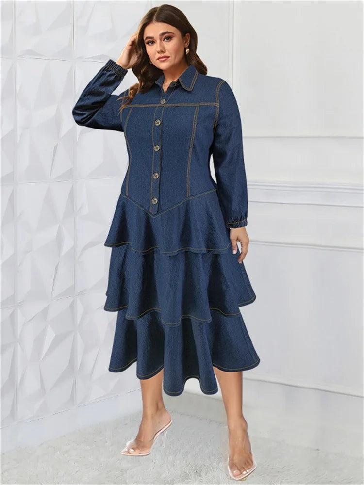 Wmstar Plus Size Denim Dresses for Women Button Solid Fashion Elegant Maxi Long Dress Fall Winter Clothes Wholesale Dropshipping