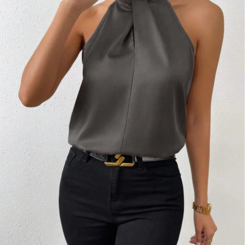 Women's Tops 2025 Summer New European and American Clothes Satin Halter Sleeveless Vest Sexy Commuting Satin Simulated Silk Top