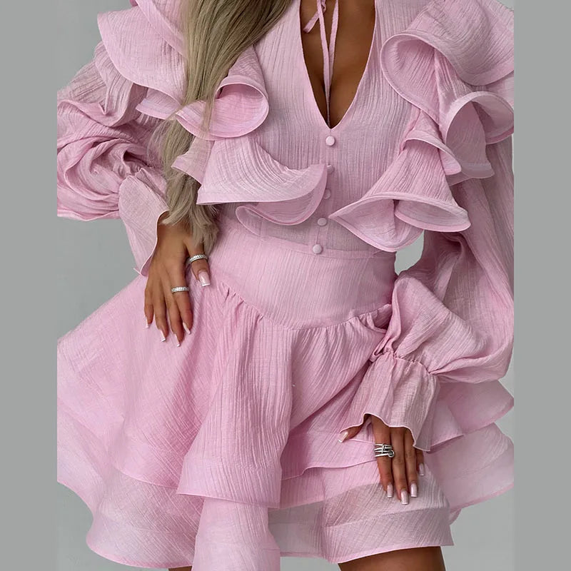Ruffle Neck Tie Waist Long Puff Sleeves Mini Dress For Women