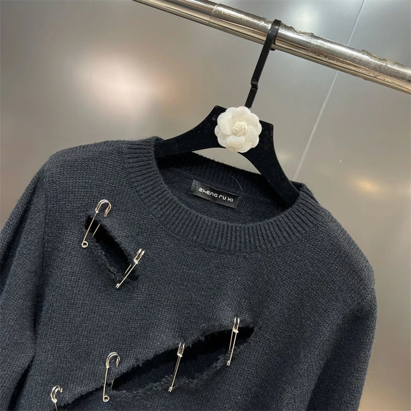Women Black Gothic O-Neck Pullover Hollow Out Knit Sweater Harajuku Y2k Long Sleeves Sweater Vintage 90s 2000s Aesthetic Clothes