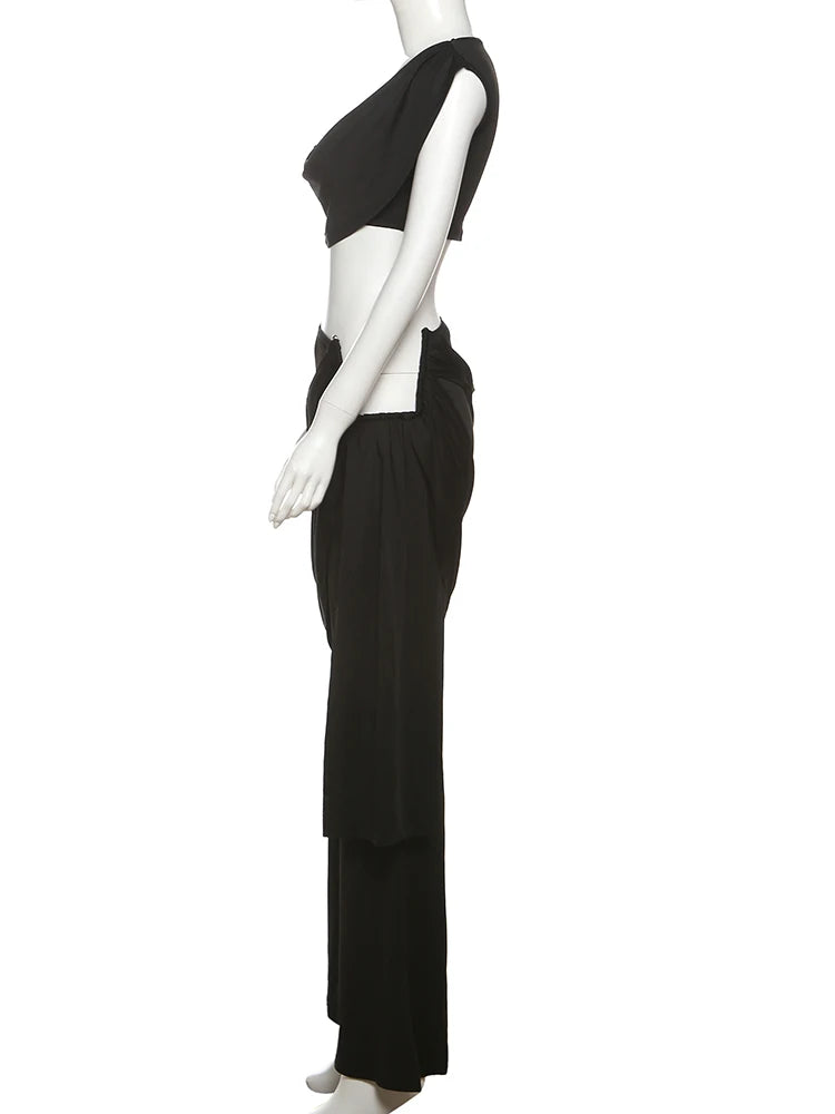 Weird Puss Pleats Elegant 2 Piece Set Women Sexy Low Neck Sleeveless Crop Tops+Irregular Waist Tassel Straight pants Solid Suit