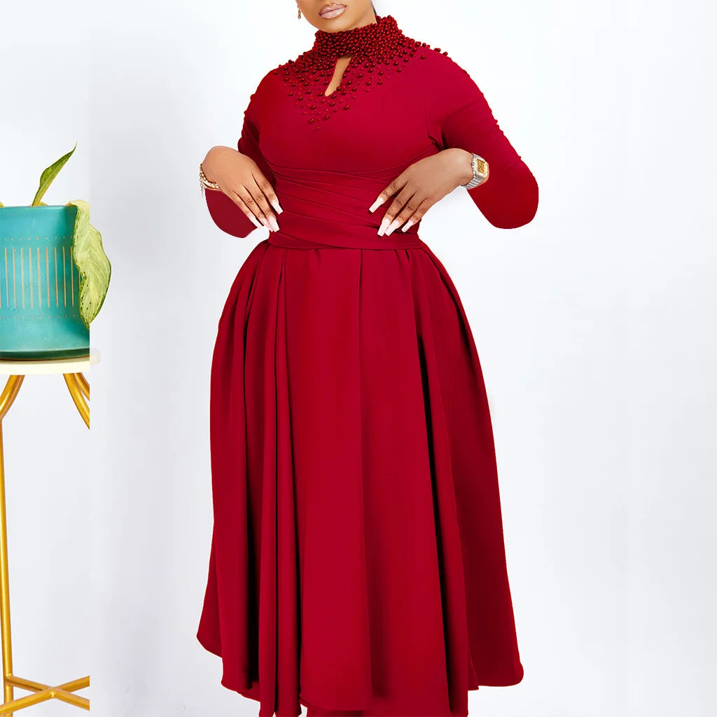 Fashionable High-collar Elegant Embroidered Large Dress Women Waist-shaping African Dress Trendy Plain Pattern Long Skirt