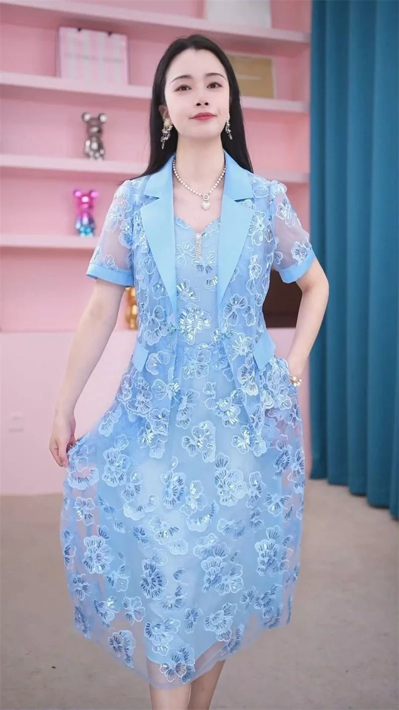 Lace Dress Women's High end Luxury Lady Two Piece Sets Silk Dress Suit Jacket And Dress 2023 Summer Waist Slim Long A-line Dress